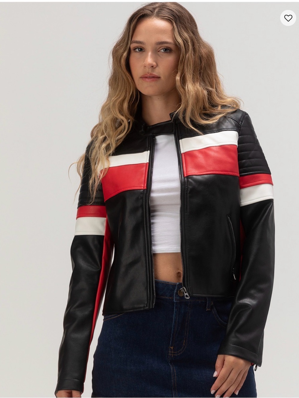 Ashley By 26 International Black Faux Leather Jacket with Red & White Stripes